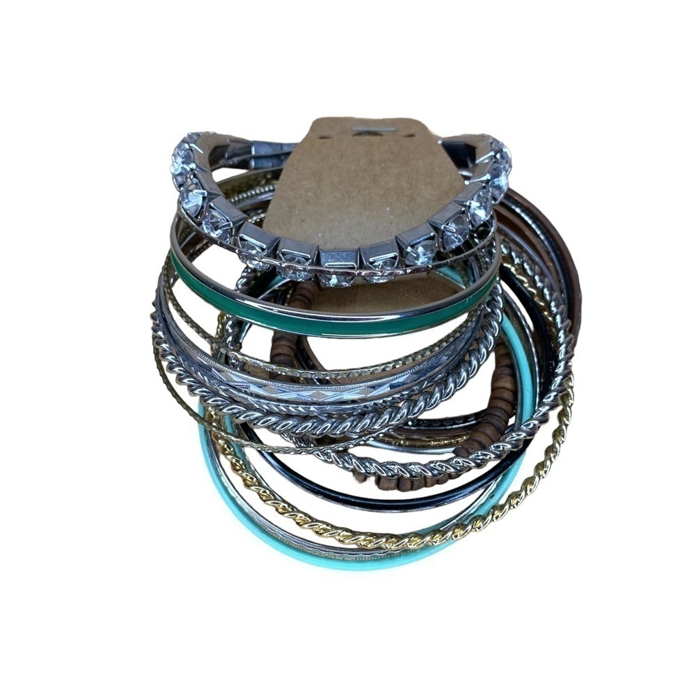 Set Of 21 Bangle Bracelets Gold Silver Rhinestone Teal Glam Boho
